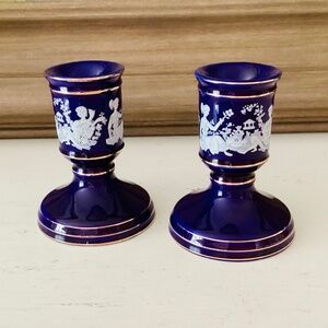 Vintage Porcelain Grecian Candlesticks Set Of 2 Cobalt Blue & White Gold Accents